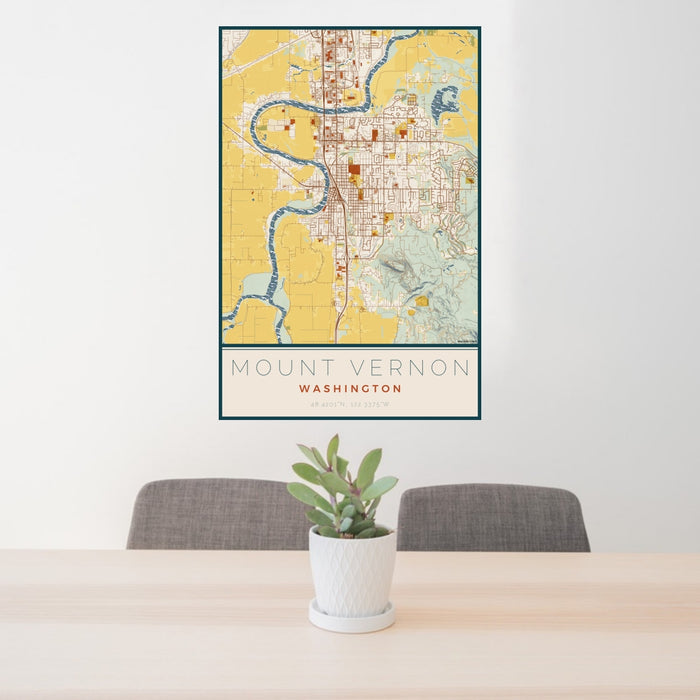 24x36 Mount Vernon Washington Map Print Portrait Orientation in Woodblock Style Behind 2 Chairs Table and Potted Plant