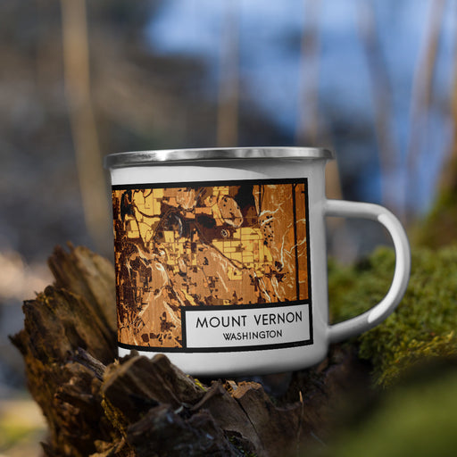 Right View Custom Mount Vernon Washington Map Enamel Mug in Ember on Grass With Trees in Background