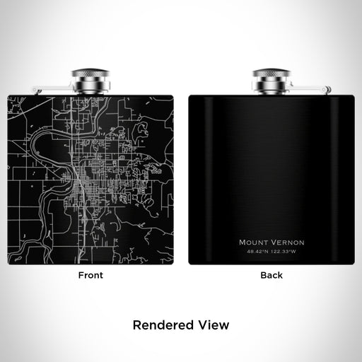 Rendered View of Mount Vernon Washington Map Engraving on 6oz Stainless Steel Flask in Black