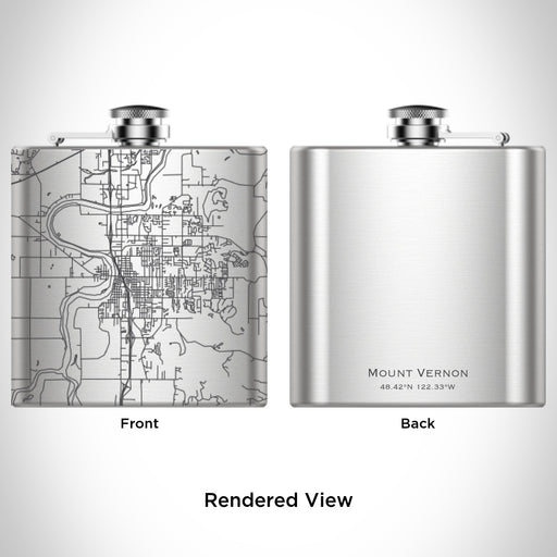 Rendered View of Mount Vernon Washington Map Engraving on 6oz Stainless Steel Flask