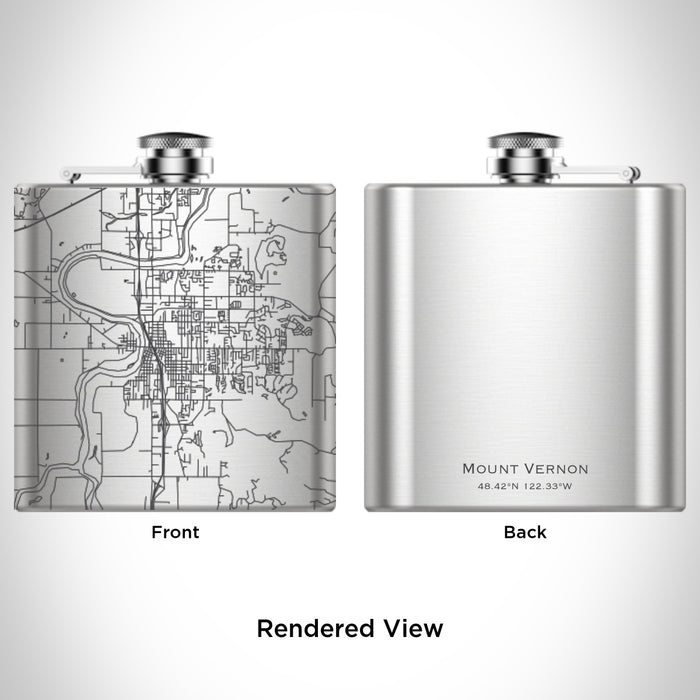 Rendered View of Mount Vernon Washington Map Engraving on 6oz Stainless Steel Flask