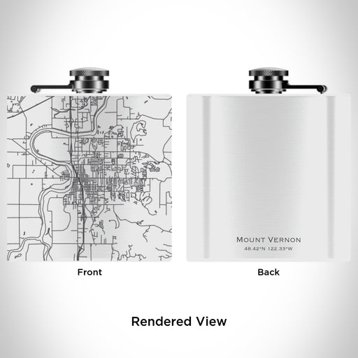 Rendered View of Mount Vernon Washington Map Engraving on 6oz Stainless Steel Flask in White