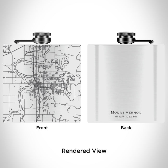 Rendered View of Mount Vernon Washington Map Engraving on 6oz Stainless Steel Flask in White