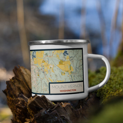 Right View Custom Mount Vernon Washington Map Enamel Mug in Woodblock on Grass With Trees in Background