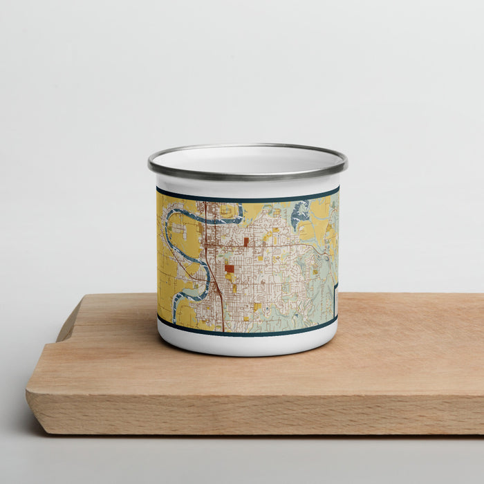 Front View Custom Mount Vernon Washington Map Enamel Mug in Woodblock on Cutting Board