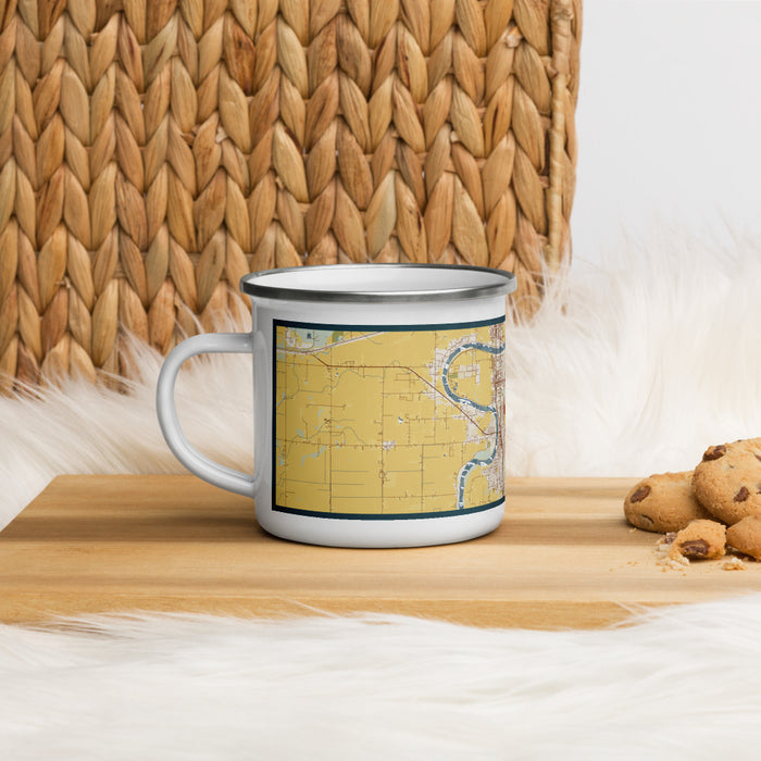 Left View Custom Mount Vernon Washington Map Enamel Mug in Woodblock on Table Top