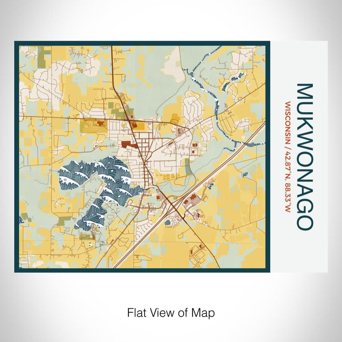 Rendered View of Mukwonago Wisconsin Map on 20oz Stainless Steel Insulated Bottle with Bamboo Top with printed woodblock style map