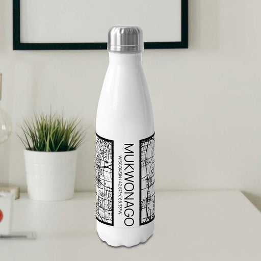 Mukwonago Wisconsin Custom City Map Inscription Coordinates on 17oz Stainless Steel Insulated Cola Bottle in Stainless in Matte White
