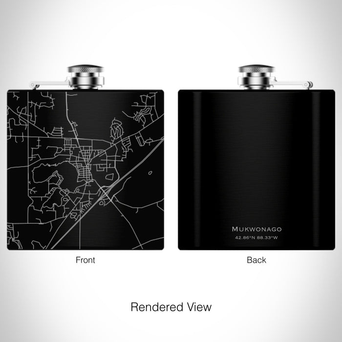 Rendered View of Mukwonago Wisconsin Map on 6oz Stainless Steel Flask in Black