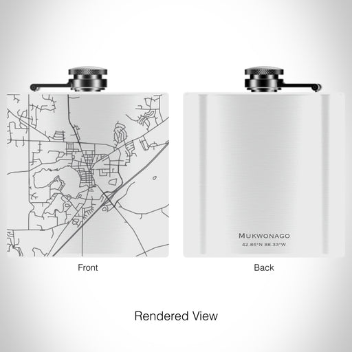 Rendered View of Mukwonago Wisconsin Map on 6oz Stainless Steel Flask in White