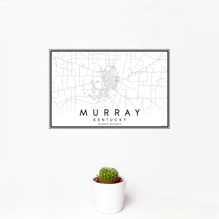 12x18 Murray Kentucky Map Print Landscape Orientation in Classic Style With Small Cactus Plant in White Planter