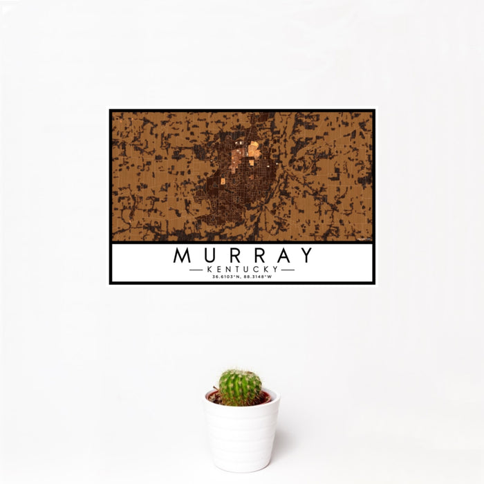 12x18 Murray Kentucky Map Print Landscape Orientation in Ember Style With Small Cactus Plant in White Planter