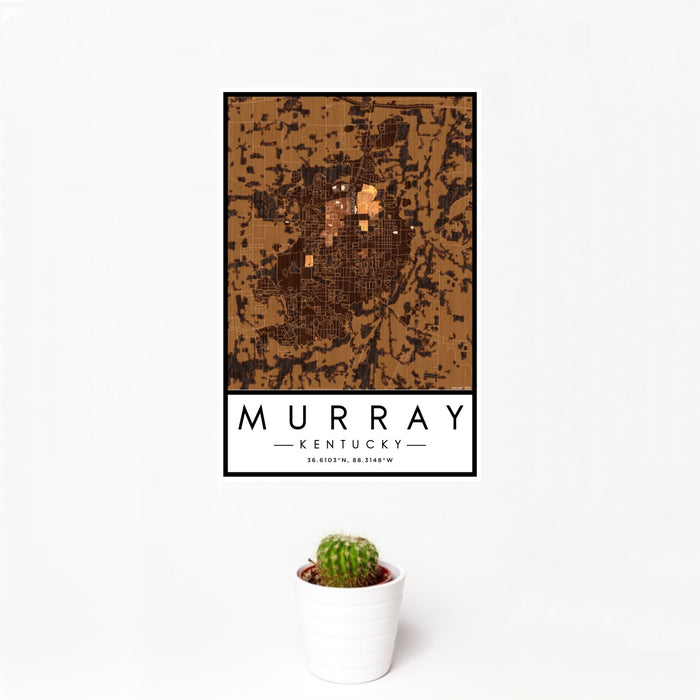 12x18 Murray Kentucky Map Print Portrait Orientation in Ember Style With Small Cactus Plant in White Planter