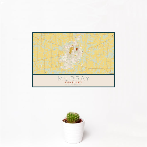 12x18 Murray Kentucky Map Print Landscape Orientation in Woodblock Style With Small Cactus Plant in White Planter