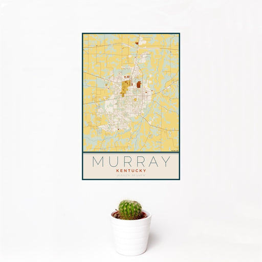 12x18 Murray Kentucky Map Print Portrait Orientation in Woodblock Style With Small Cactus Plant in White Planter