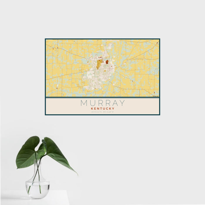 16x24 Murray Kentucky Map Print Landscape Orientation in Woodblock Style With Tropical Plant Leaves in Water