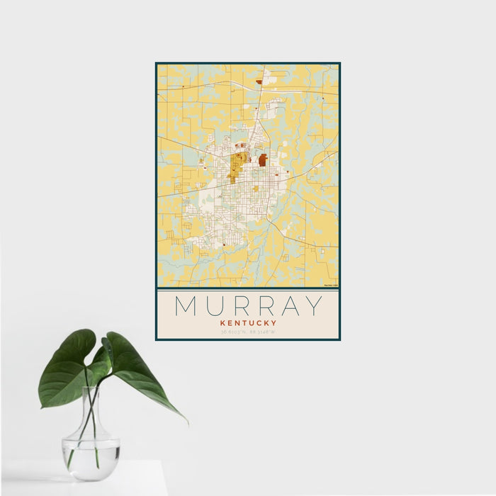 16x24 Murray Kentucky Map Print Portrait Orientation in Woodblock Style With Tropical Plant Leaves in Water