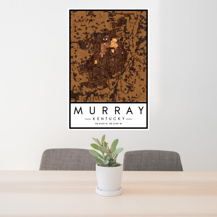 24x36 Murray Kentucky Map Print Portrait Orientation in Ember Style Behind 2 Chairs Table and Potted Plant