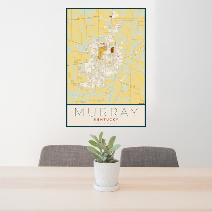 24x36 Murray Kentucky Map Print Portrait Orientation in Woodblock Style Behind 2 Chairs Table and Potted Plant