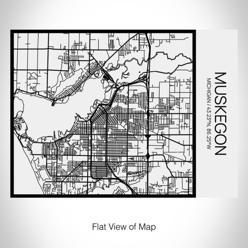 Rendered View of Muskegon Michigan Map on 20oz Stainless Steel Insulated Bottle with Bamboo Top in Matte White with printed Tactile Lines Map in Black