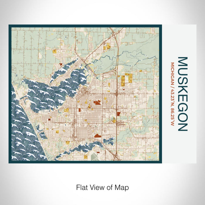 Rendered View of Muskegon Michigan Map on 20oz Stainless Steel Insulated Bottle with Bamboo Top with printed woodblock style map