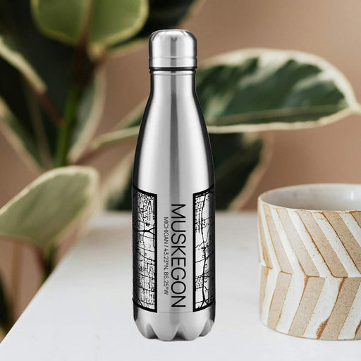 Muskegon Michigan Custom City Map Inscription Coordinates on 17oz Stainless Steel Insulated Cola Bottle in Stainless
