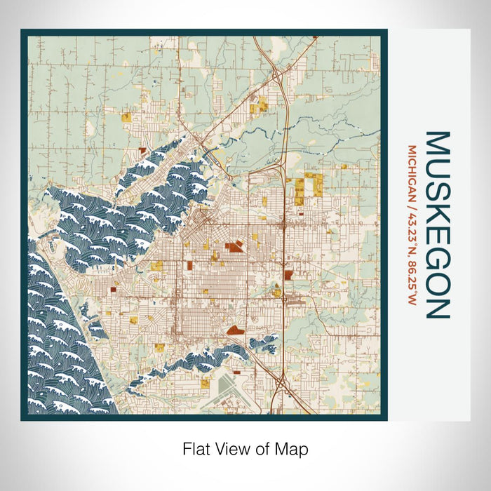 Rendered View of Muskegon Michigan Map on 17oz Stainless Steel Insulated Tumbler in Woodblock Map Style