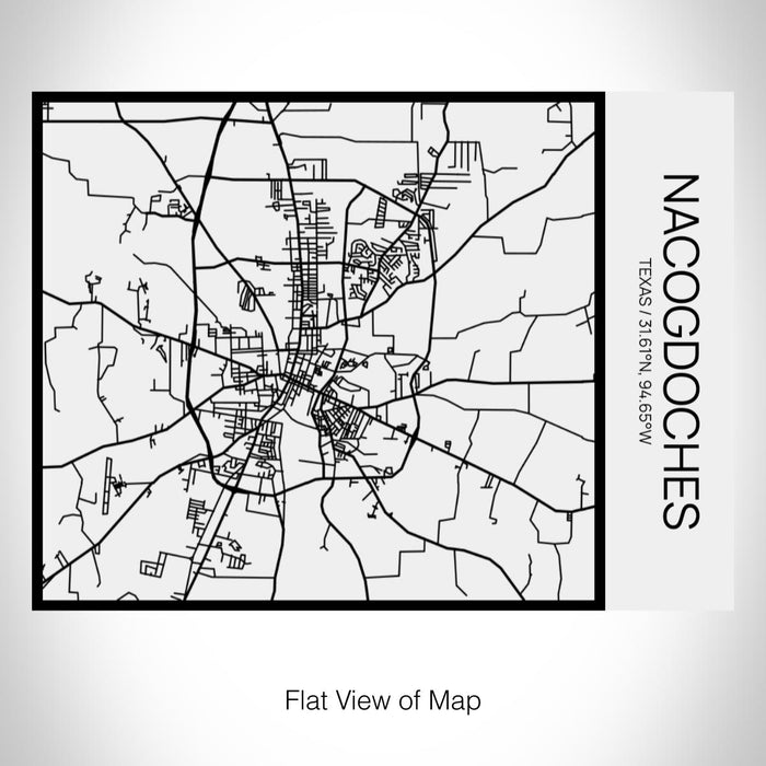 Rendered View of Nacogdoches Texas Map on 20oz Stainless Steel Insulated Bottle with Bamboo Top in Matte White with printed Tactile Lines Map in Black