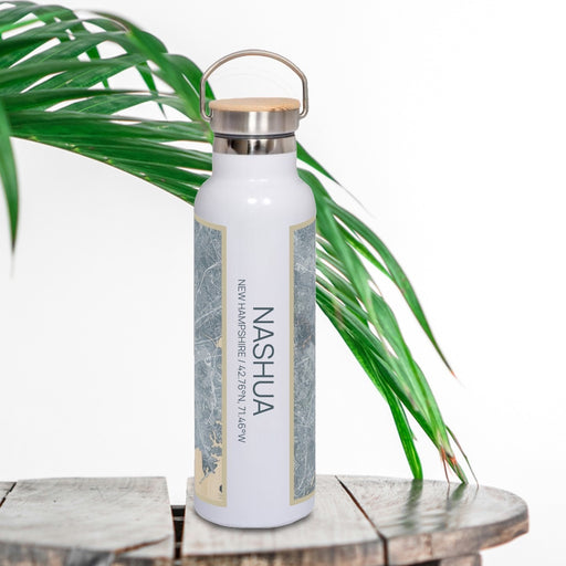 Nashua New Hampshire Custom City Map Inscription Coordinates on 20oz Stainless Steel Insulated Bottle with Bamboo Top with printed afternoon style map