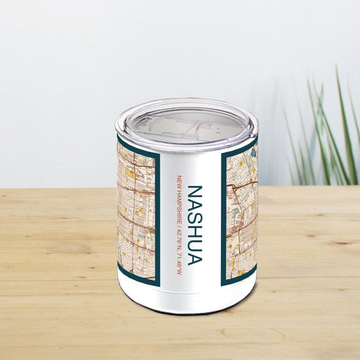 Nashua New Hampshire Custom City Map Inscription Coordinates on 10oz Stainless Steel Insulated Cup in Woodblock with Sliding Lid