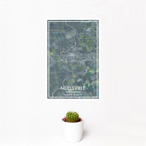 12x18 Neillsville Wisconsin Map Print Portrait Orientation in Afternoon Style With Small Cactus Plant in White Planter