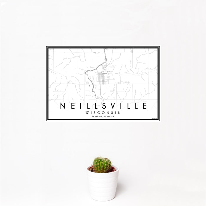 12x18 Neillsville Wisconsin Map Print Landscape Orientation in Classic Style With Small Cactus Plant in White Planter