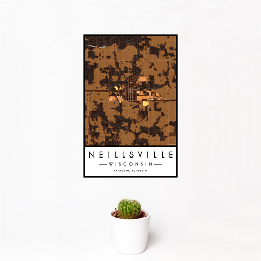 12x18 Neillsville Wisconsin Map Print Portrait Orientation in Ember Style With Small Cactus Plant in White Planter