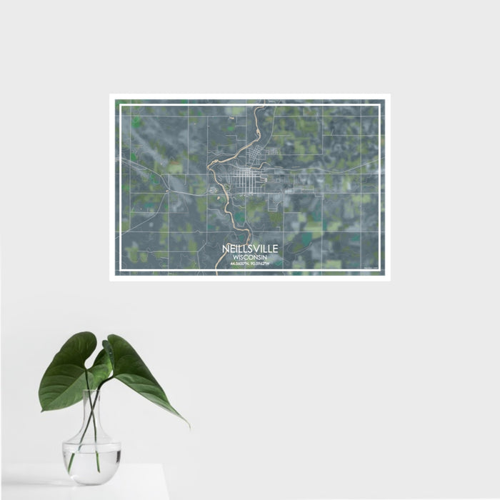 16x24 Neillsville Wisconsin Map Print Landscape Orientation in Afternoon Style With Tropical Plant Leaves in Water