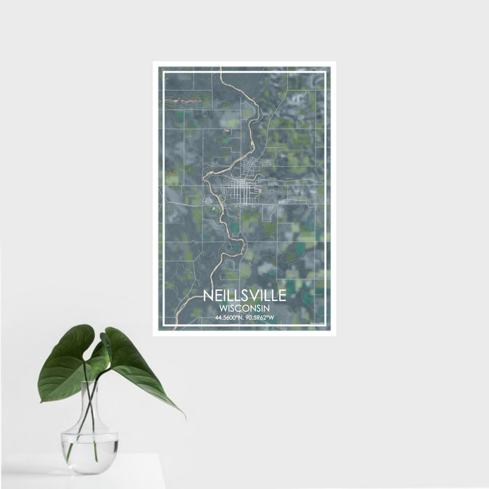 16x24 Neillsville Wisconsin Map Print Portrait Orientation in Afternoon Style With Tropical Plant Leaves in Water