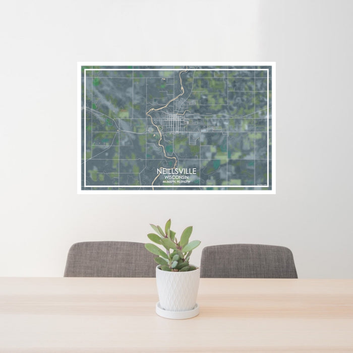 24x36 Neillsville Wisconsin Map Print Lanscape Orientation in Afternoon Style Behind 2 Chairs Table and Potted Plant