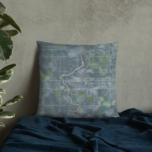 Custom Neillsville Wisconsin Map Throw Pillow in Afternoon on Bedding Against Wall