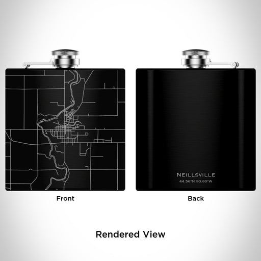 Rendered View of Neillsville Wisconsin Map Engraving on 6oz Stainless Steel Flask in Black