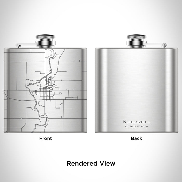 Rendered View of Neillsville Wisconsin Map Engraving on 6oz Stainless Steel Flask