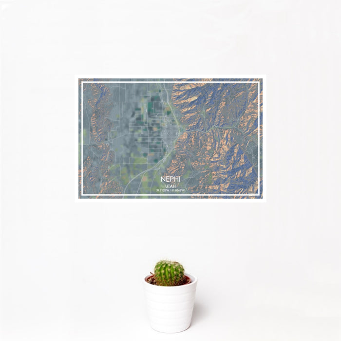 12x18 Nephi Utah Map Print Landscape Orientation in Afternoon Style With Small Cactus Plant in White Planter