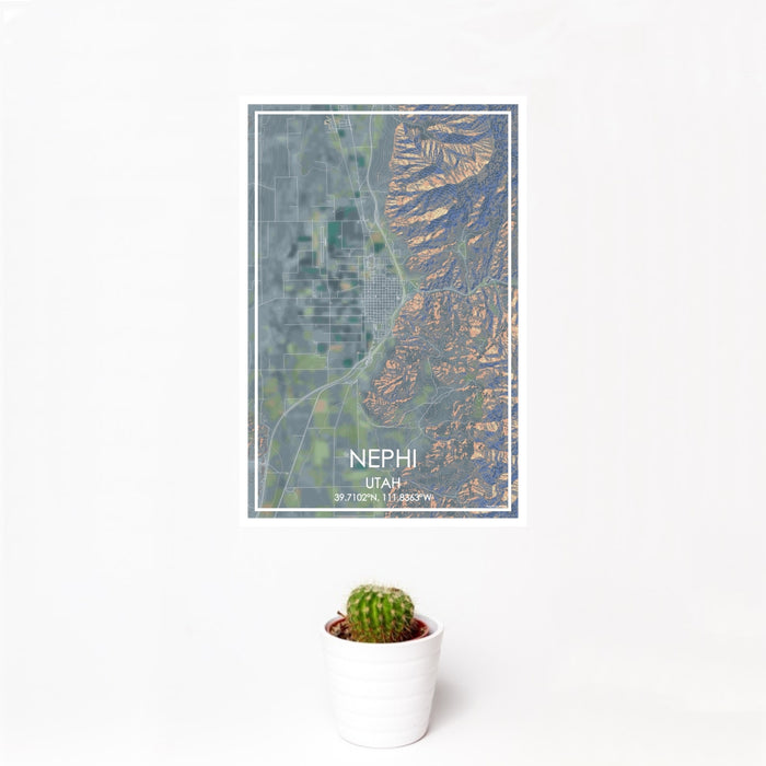 12x18 Nephi Utah Map Print Portrait Orientation in Afternoon Style With Small Cactus Plant in White Planter