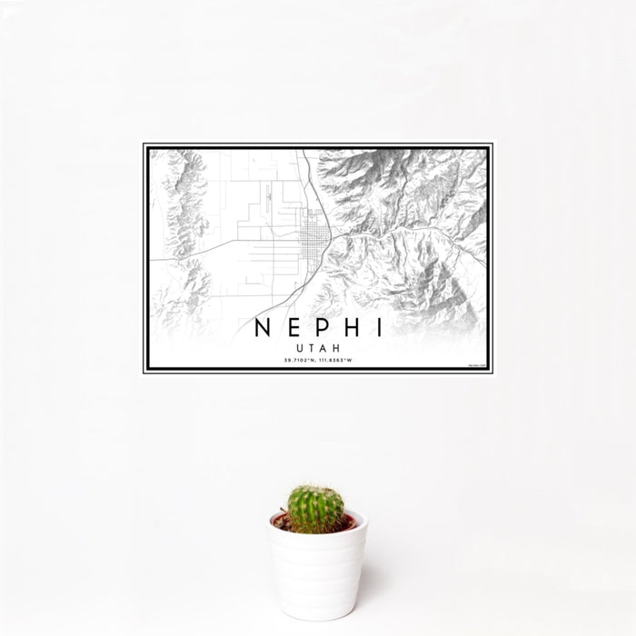 12x18 Nephi Utah Map Print Landscape Orientation in Classic Style With Small Cactus Plant in White Planter