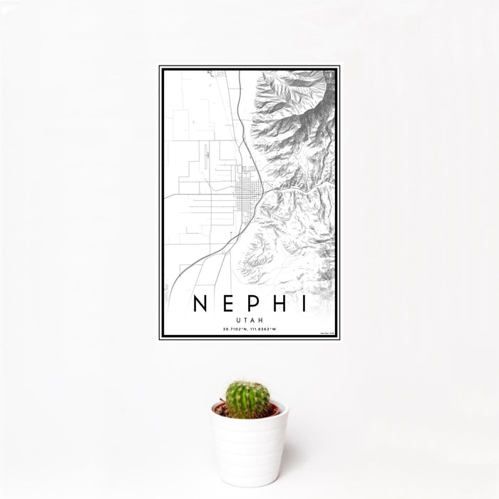 12x18 Nephi Utah Map Print Portrait Orientation in Classic Style With Small Cactus Plant in White Planter