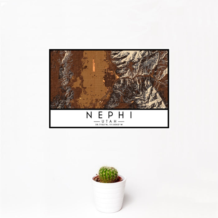 12x18 Nephi Utah Map Print Landscape Orientation in Ember Style With Small Cactus Plant in White Planter