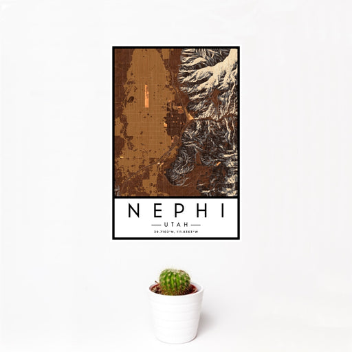 12x18 Nephi Utah Map Print Portrait Orientation in Ember Style With Small Cactus Plant in White Planter