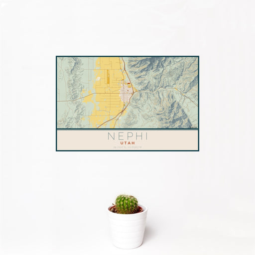 12x18 Nephi Utah Map Print Landscape Orientation in Woodblock Style With Small Cactus Plant in White Planter