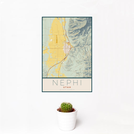 12x18 Nephi Utah Map Print Portrait Orientation in Woodblock Style With Small Cactus Plant in White Planter