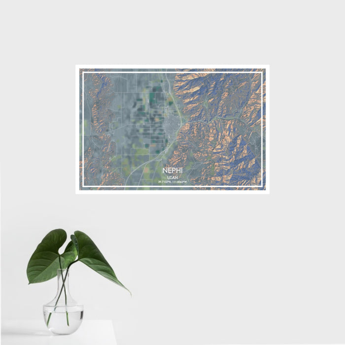 16x24 Nephi Utah Map Print Landscape Orientation in Afternoon Style With Tropical Plant Leaves in Water