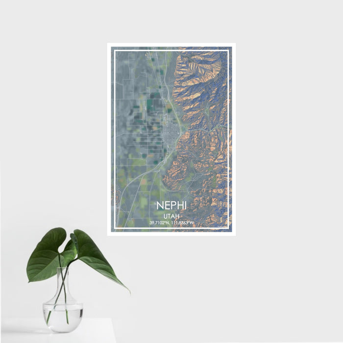 16x24 Nephi Utah Map Print Portrait Orientation in Afternoon Style With Tropical Plant Leaves in Water