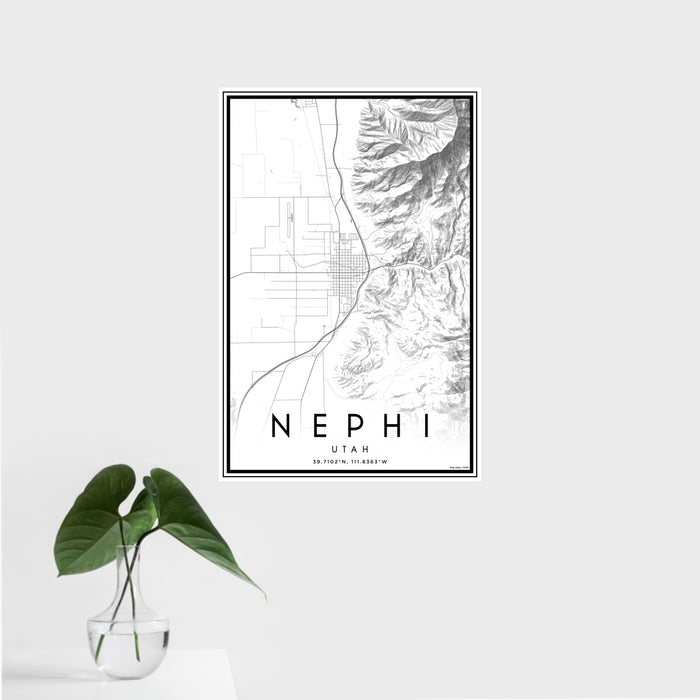 16x24 Nephi Utah Map Print Portrait Orientation in Classic Style With Tropical Plant Leaves in Water